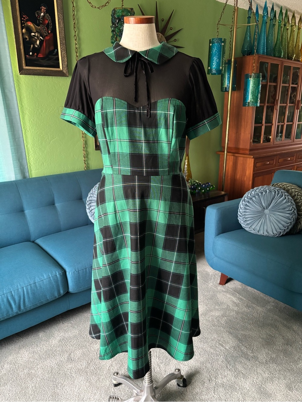 Collectif Green & Black Plaid Fit-and-Flare Midi Dress